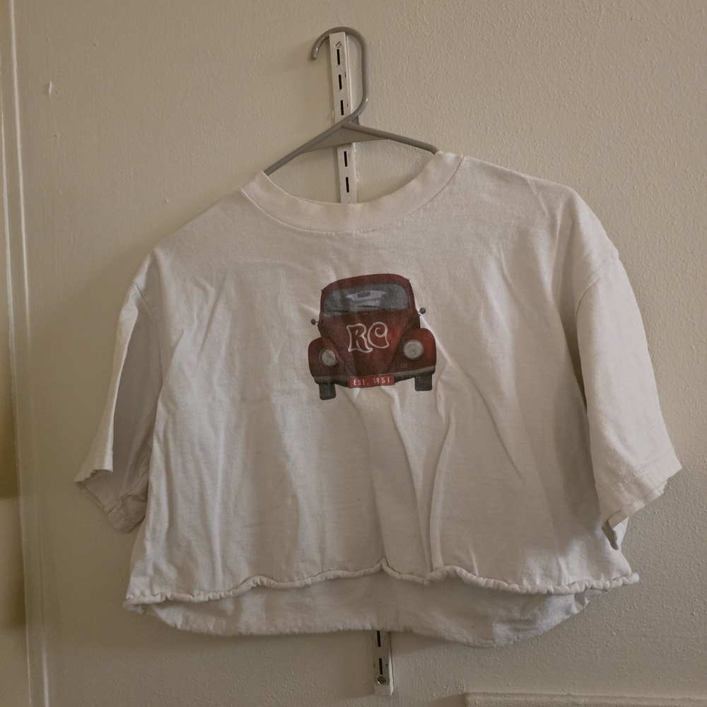 Trendy Cream Crop Top with Car Graphic